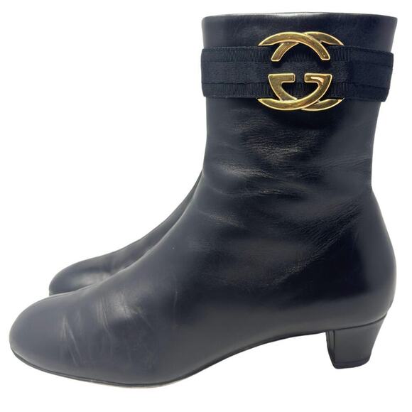 Gucci GG Logo Interlocking Monogram Black Leather High Heels Mid-Calf Boots 37.5 - Picture 1 of 11